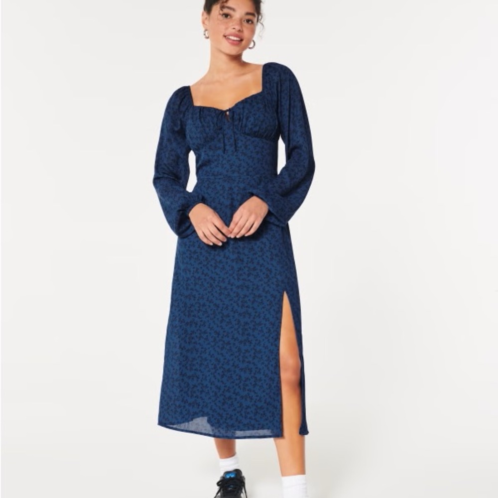 NWT 💙 Hollister Navy Blue Long-Sleeve Midi Dress with Side Slit